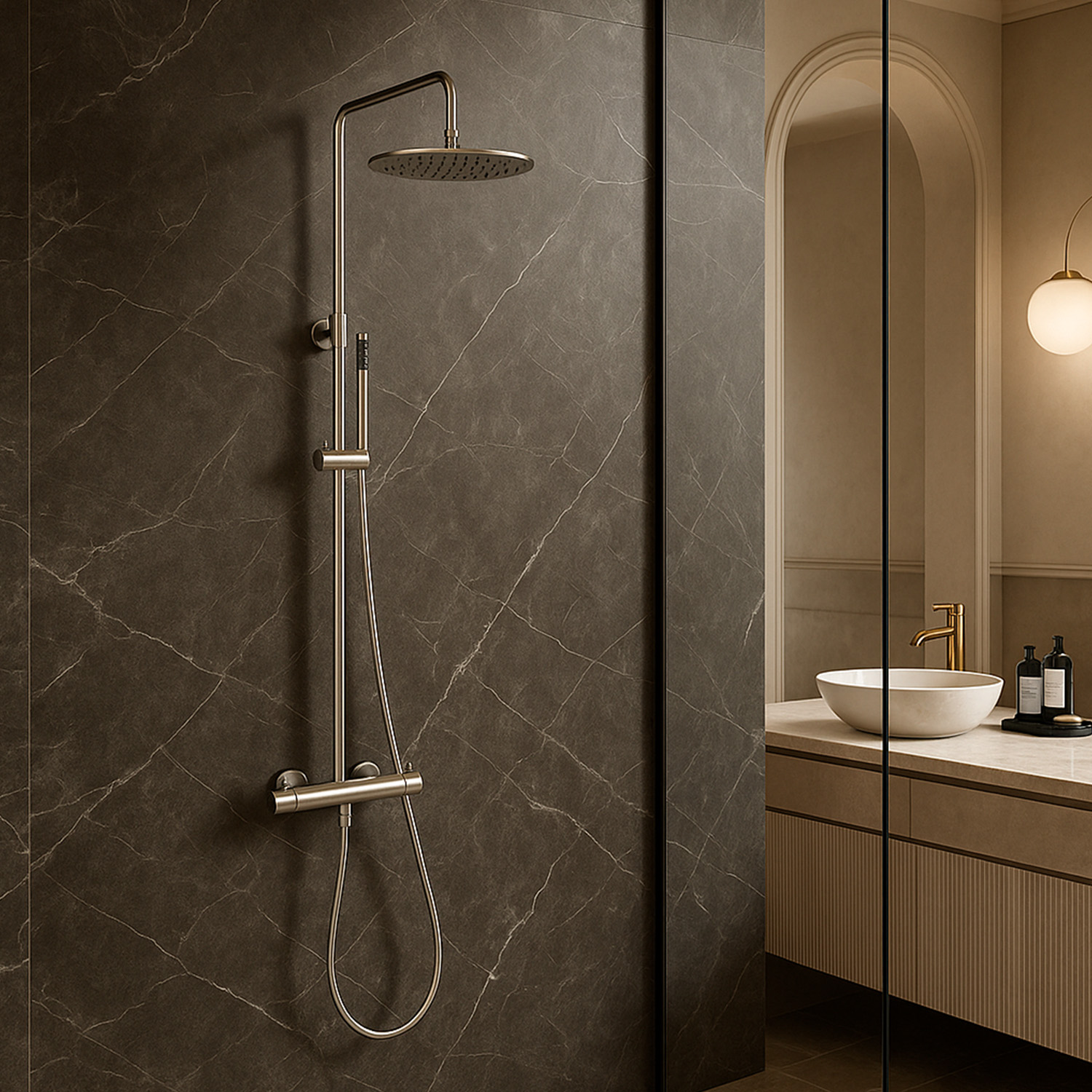 DOCCIA-PARETE-LEVANTE-INOX-ambientata DOCCIA-PARETE-LEVANTE-INOX