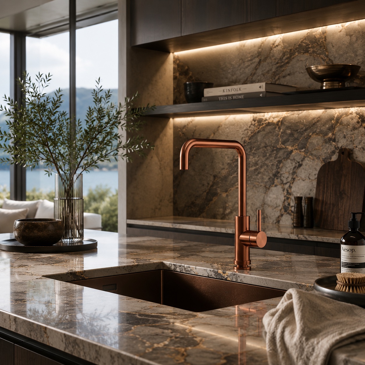 RUBINETTO-LAVELLO-LEVANTE-QUADRO-ORO-ROSA-ambientata RUBINETTO-LAVELLO-LEVANTE-QUADRO-ORO-ROSA